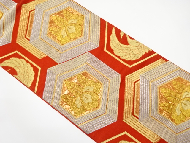 アンティーク　亀甲に桐・鶴模様織り出し袋帯（着用可）